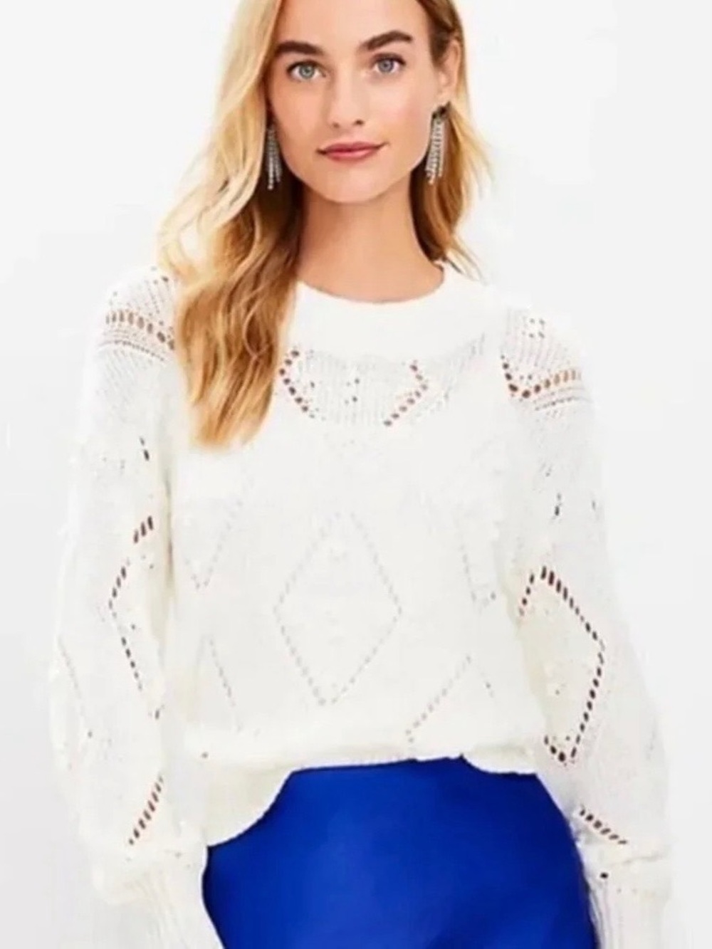 NWT LOFT Cream Crew Neck Sweater with Diamond Pattern